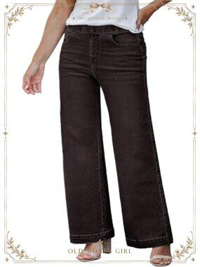 Plus Size Pull On Wide Leg Jeans High Waist Stretch Denim Pants